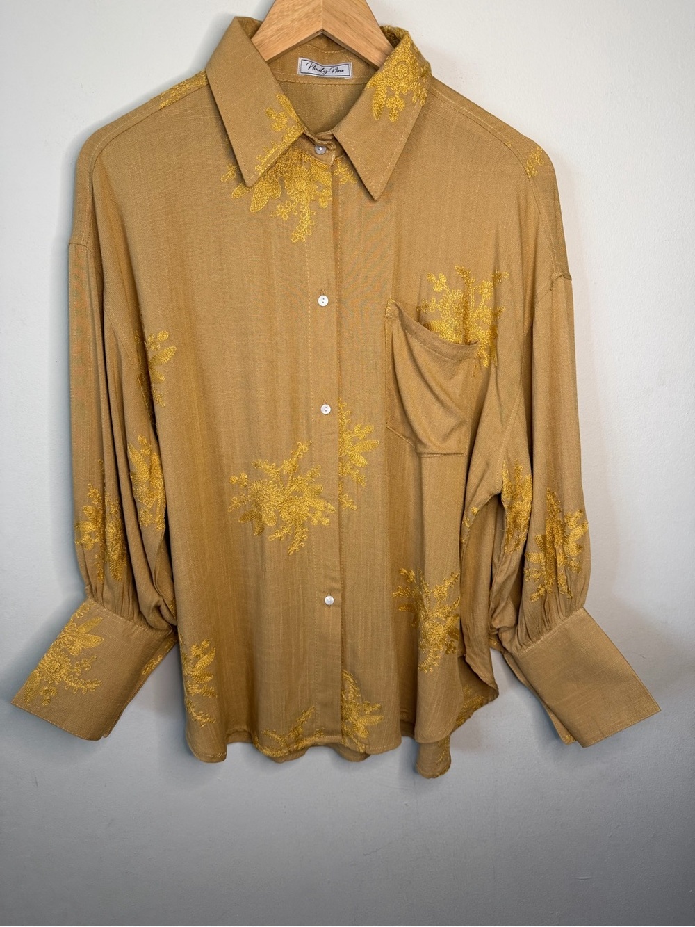 Vintage-inspired Mustard Embroidered Floral Button-Up Blouse